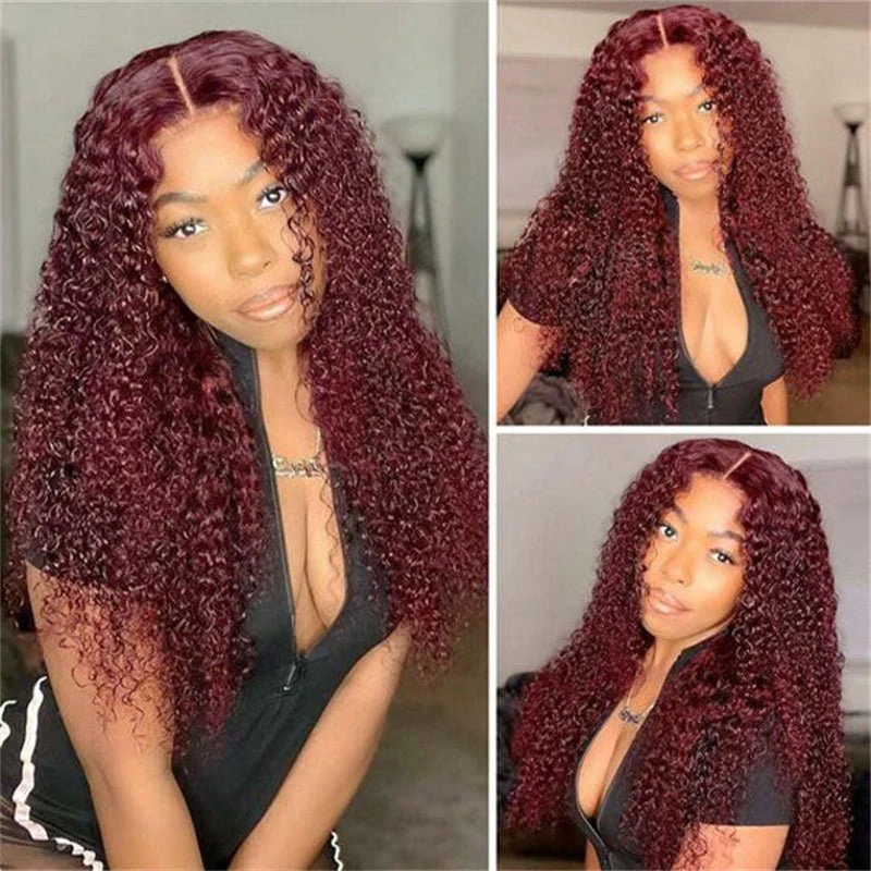 10″ – 40″ #99J & Burgundy Color Kinky Curly Human Hair Lace Front Wig