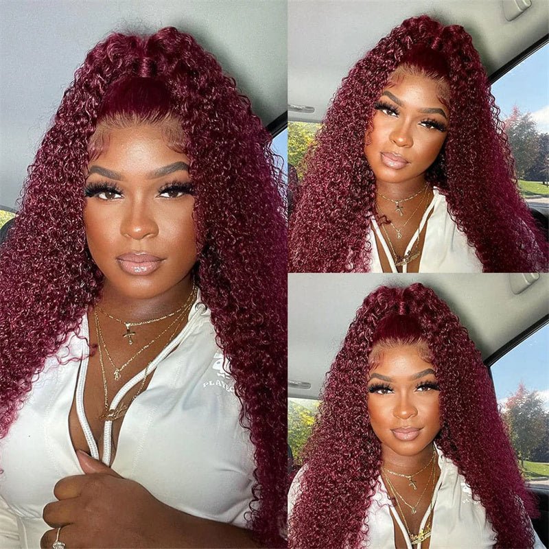 10″ – 40″ #99J & Burgundy Color Kinky Curly Human Hair Lace Front Wig