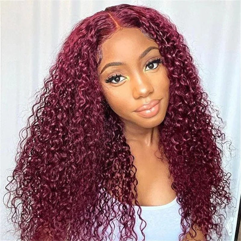 10″ – 40″ #99J & Burgundy Color Kinky Curly Human Hair Lace Front Wig