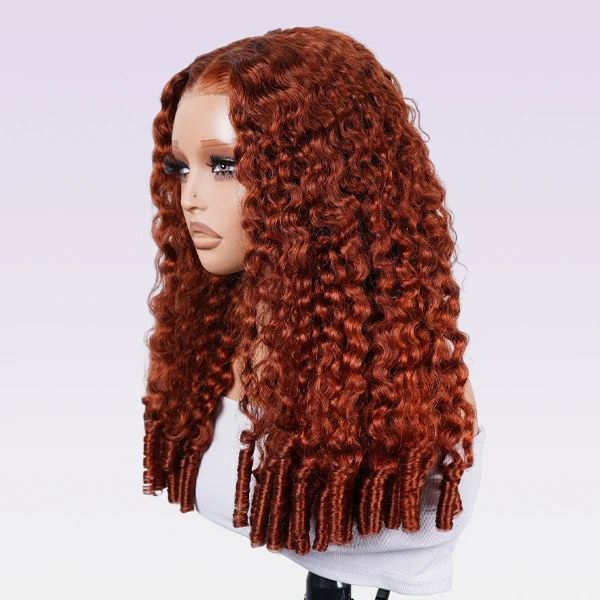 10″ – 40″ Burnt Orange Color Burmese Curly Human Hair Lace Front Wig