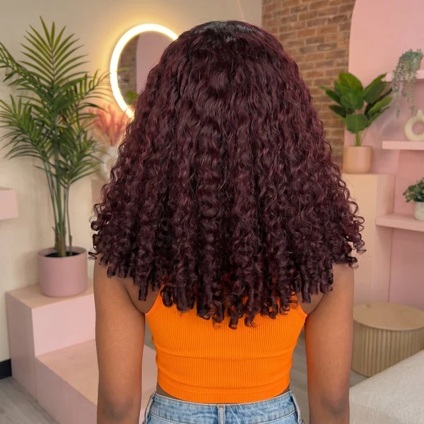10″ – 40″ Dark Plum Color Burmese Curly Human Hair Lace Front Wig