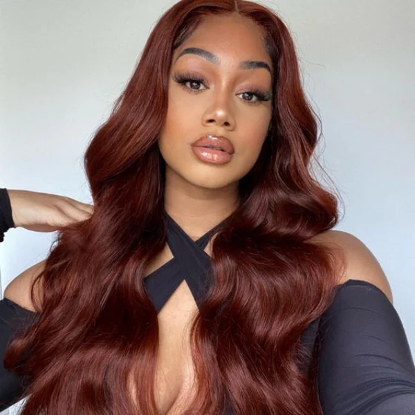 10″ – 40″ Reddish Brown Color Body Wave Human Hair Lace Front Wig