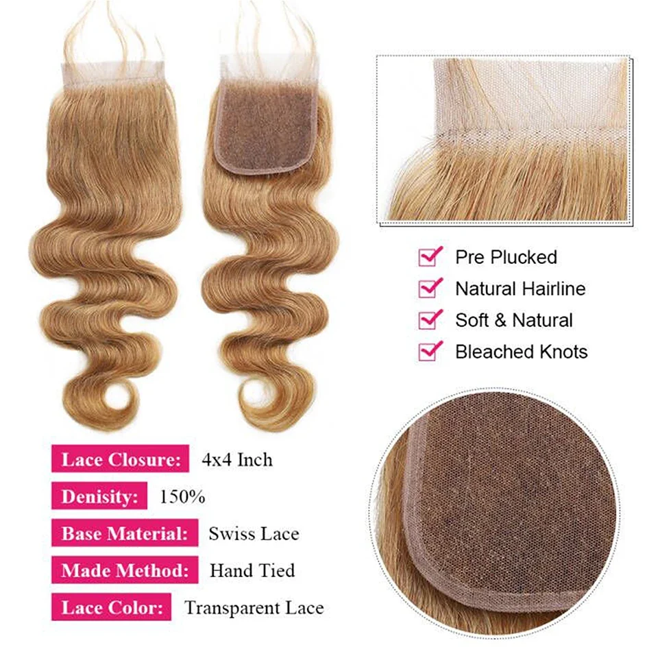 10″ – 20″ #27 Color Body Wave Human Hair 4*4 Lace Closure