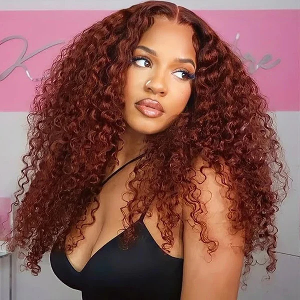 10″ – 40″ Reddish Brown Color Water Wave Human Hair Lace Front Wig