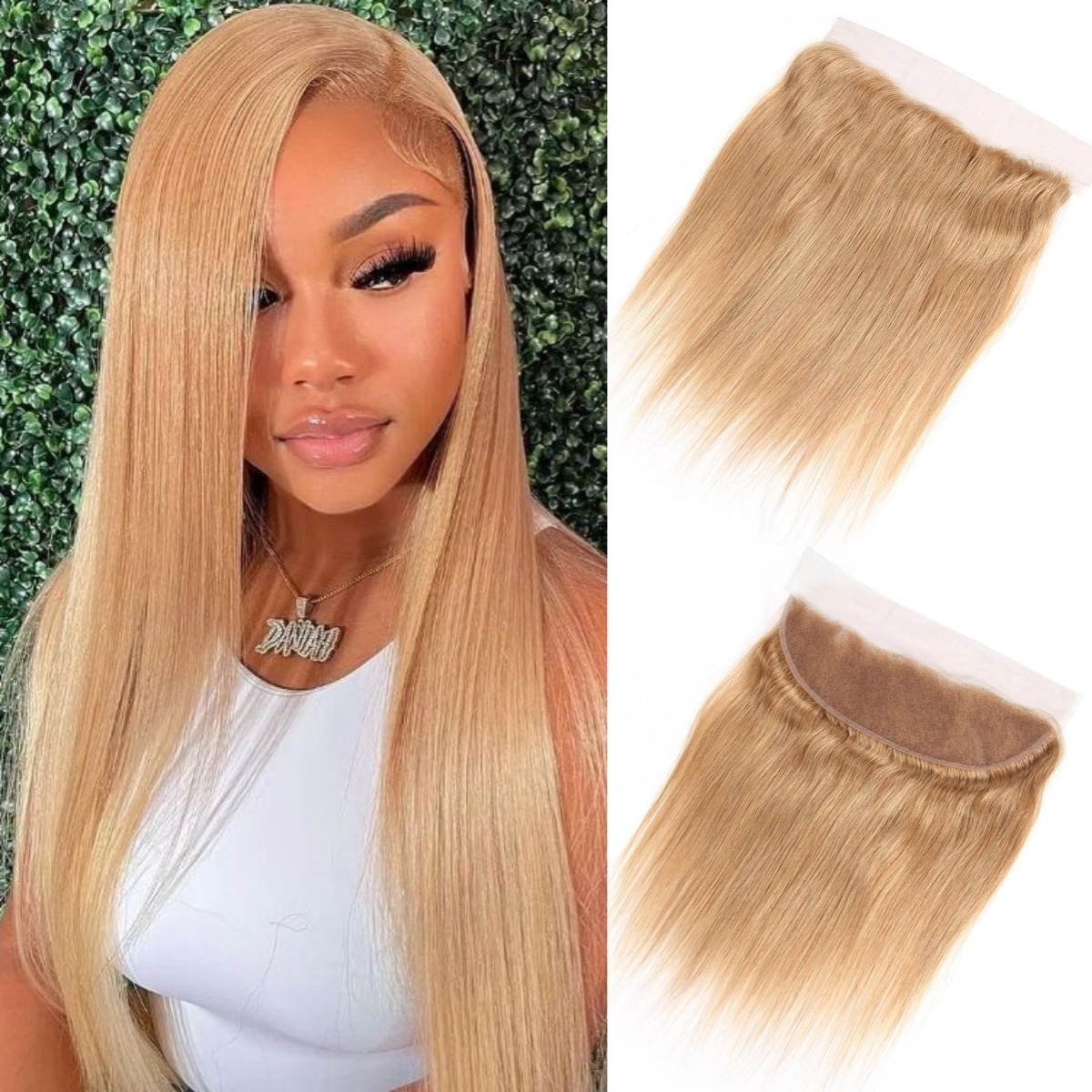 10″ – 20″ #27 Honey Blonde Color Straight Human Hair 13*4 Lace Frontal with Pre Plucked Natural Hairline