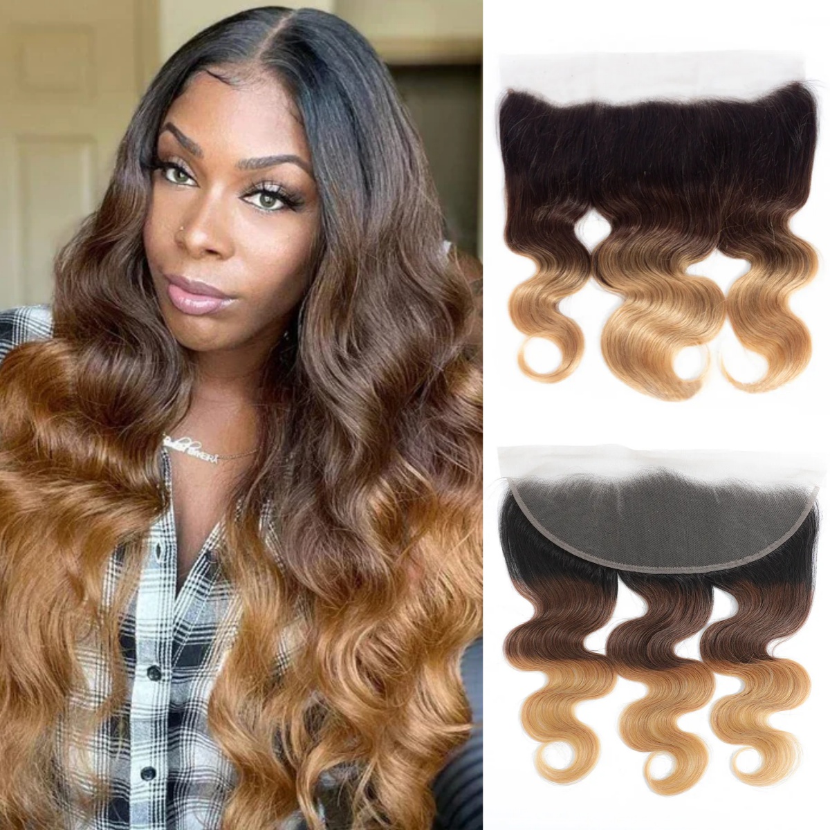 10″ – 20″ #1B/4/27 Color Body Wave Human Hair 13*4 Lace Frontal with Pre Plucked Natural Hairline