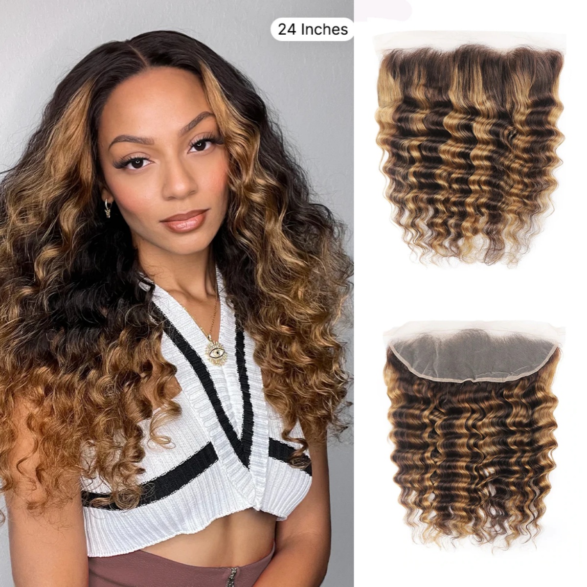 10″ – 20″ Highlight Color Loose Deep Wave Human Hair 13*4 Lace Frontal with Pre Plucked Natural Hairline