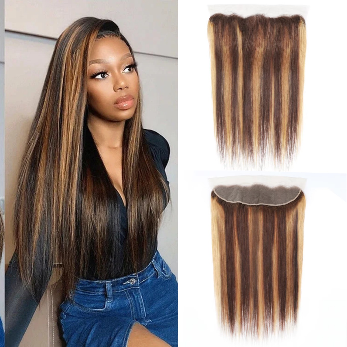 10″ – 20″ Highlight Color Straight Human Hair 13*4 Lace Frontal with Pre Plucked Natural Hairline