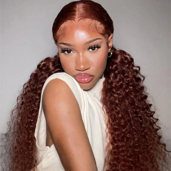10″ – 40″ Reddish Brown Color Water Wave Human Hair Lace Front Wig