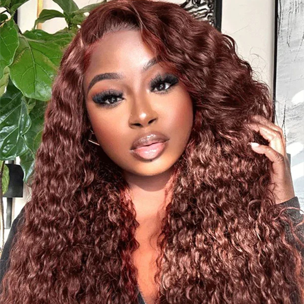 10″ – 40″ Reddish Brown Color Water Wave Human Hair Lace Front Wig