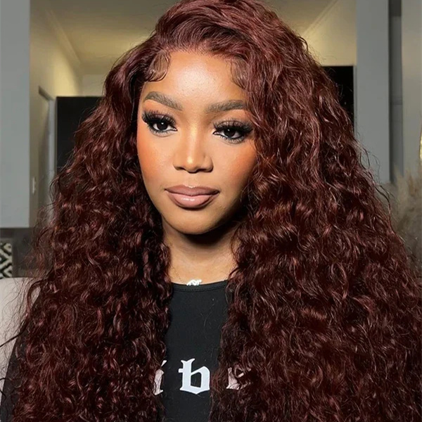 10″ – 40″ Reddish Brown Color Water Wave Human Hair Lace Front Wig