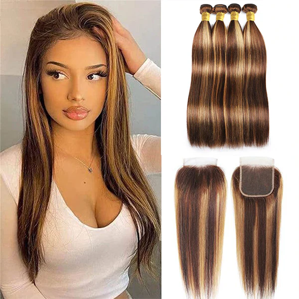 10″ – 20″ Highlight Color Straight Human Hair 4*4 Lace Closure