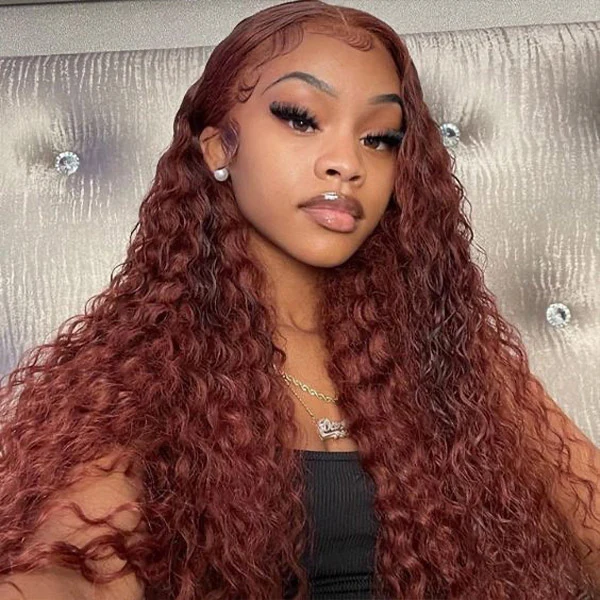 10″ – 40″ Reddish Brown Color Water Wave Human Hair Lace Front Wig