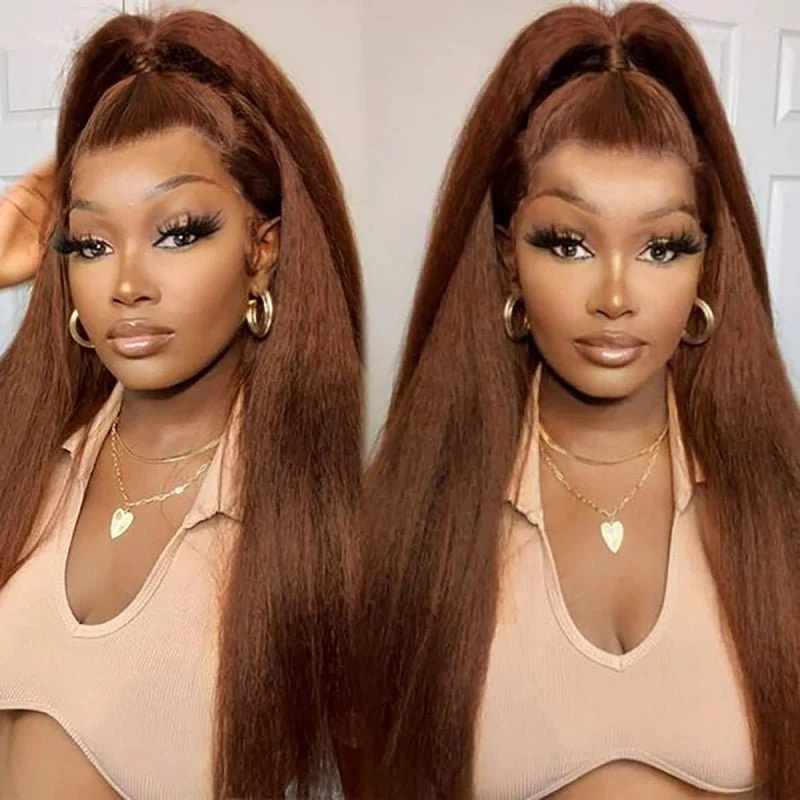 10″ – 40″ Chocolate Brown Kinky Straight Human Hair Lace Front Wig