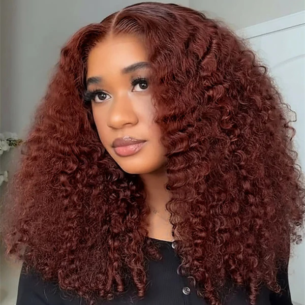 10″ – 40″ Reddish Brown Color Burmese Curly Human Hair Lace Front Wig