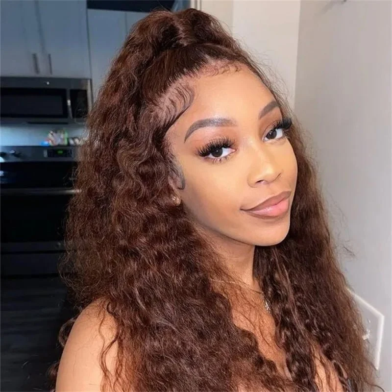 10″ – 40″ Chocolate Brown Water Wave Human Hair Lace Front Wig