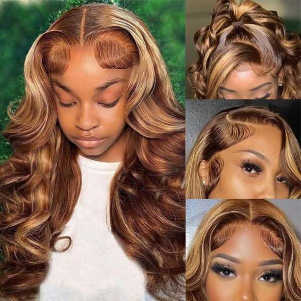 10″ – 40″ Highlight Color Body Wave Human Hair Lace Front Wig