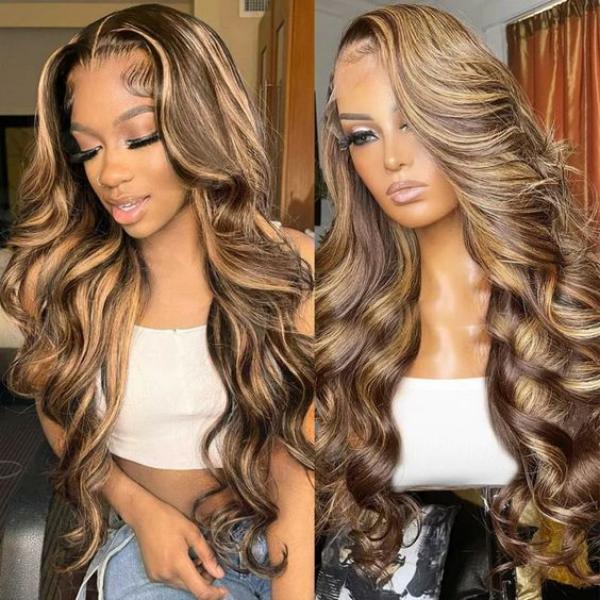 10″ – 40″ Highlight Color Body Wave Human Hair Lace Front Wig