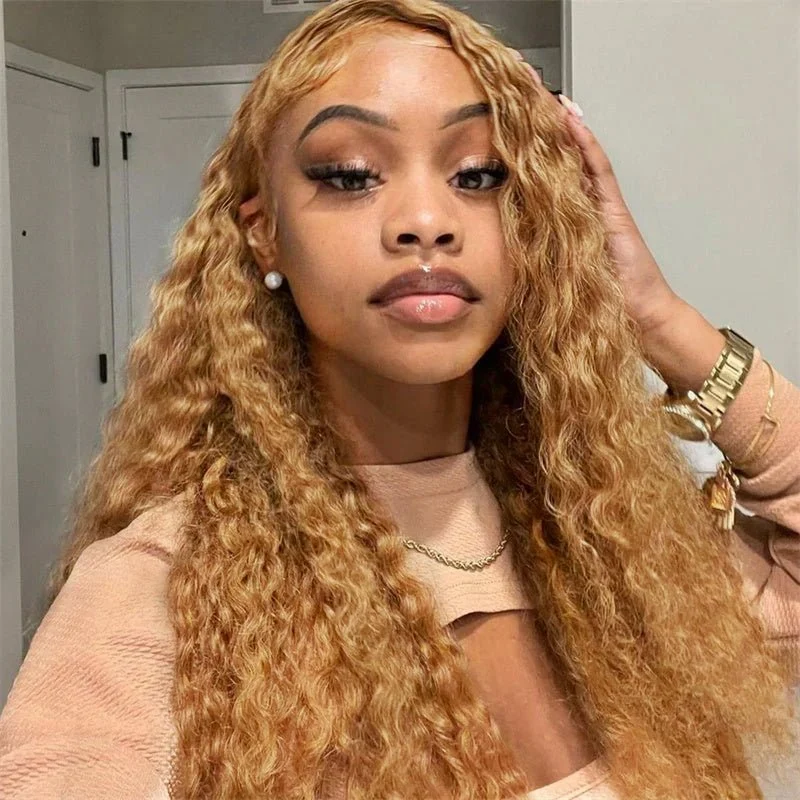 10″ – 40″ #27 Honey Blonde Water Wave Human Hair Lace Front Wig