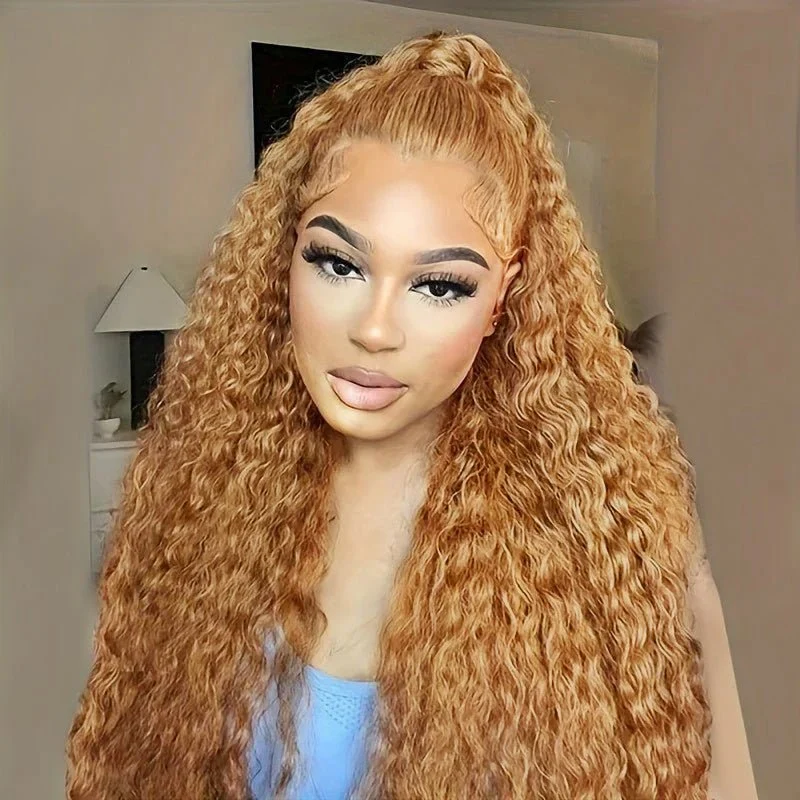 10″ – 40″ #27 Honey Blonde Water Wave Human Hair Lace Front Wig