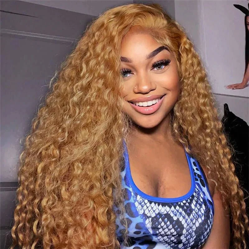 10″ – 40″ #27 Honey Blonde Water Wave Human Hair Lace Front Wig