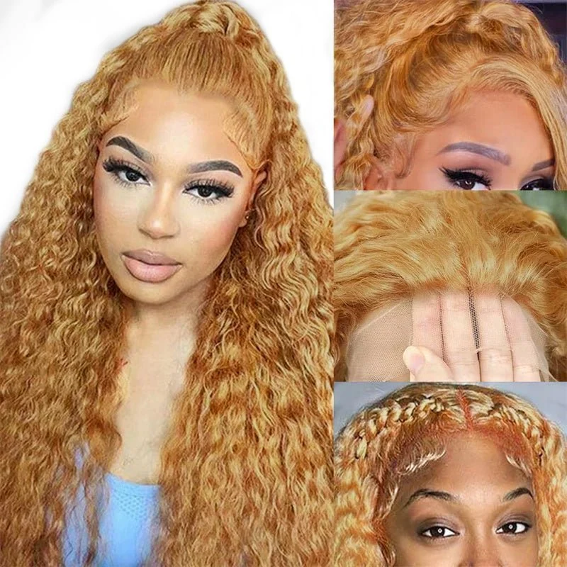 10″ – 40″ #27 Honey Blonde Water Wave Human Hair Lace Front Wig