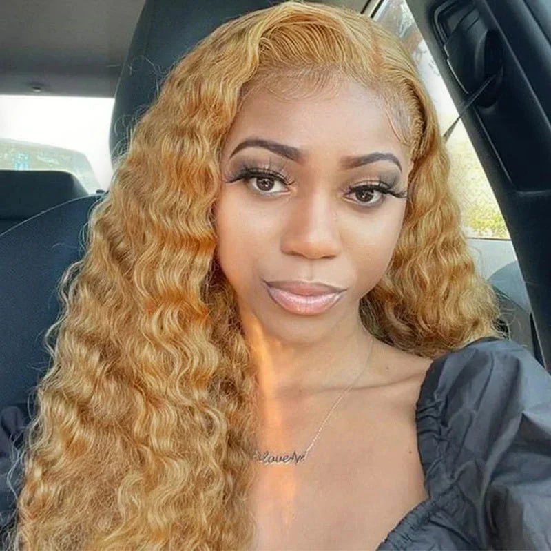 10″ – 40″ #27 Honey Blonde Water Wave Human Hair Lace Front Wig