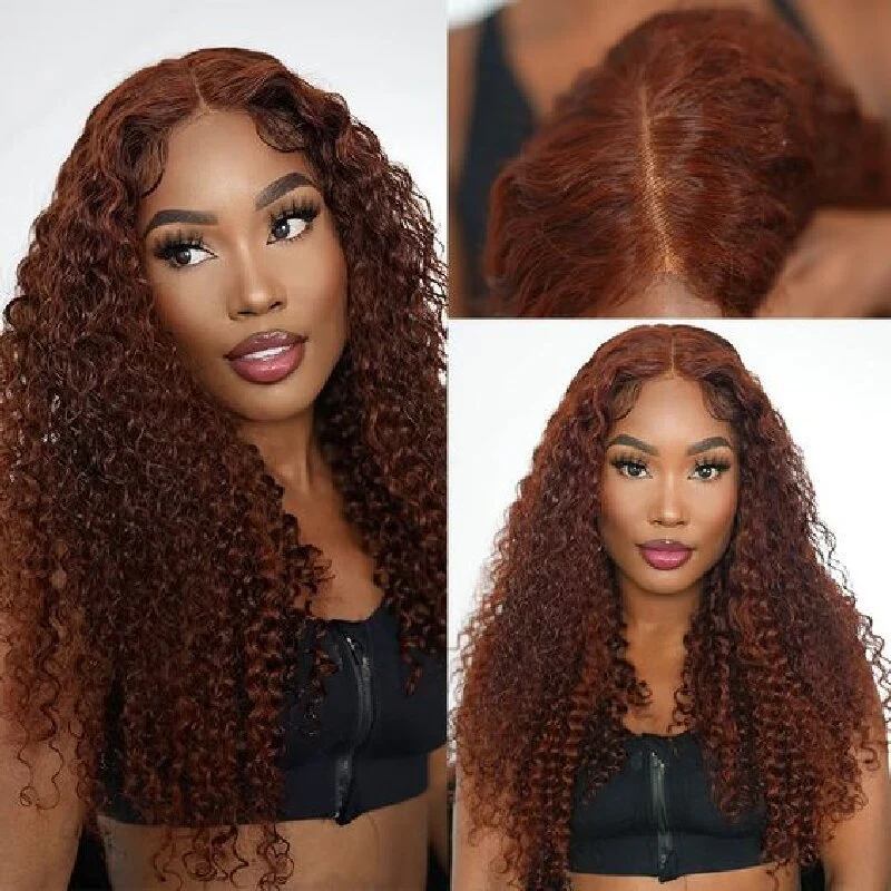 10″ – 40″ Reddish Brown Color Deep Curly Human Hair Lace Front Wig