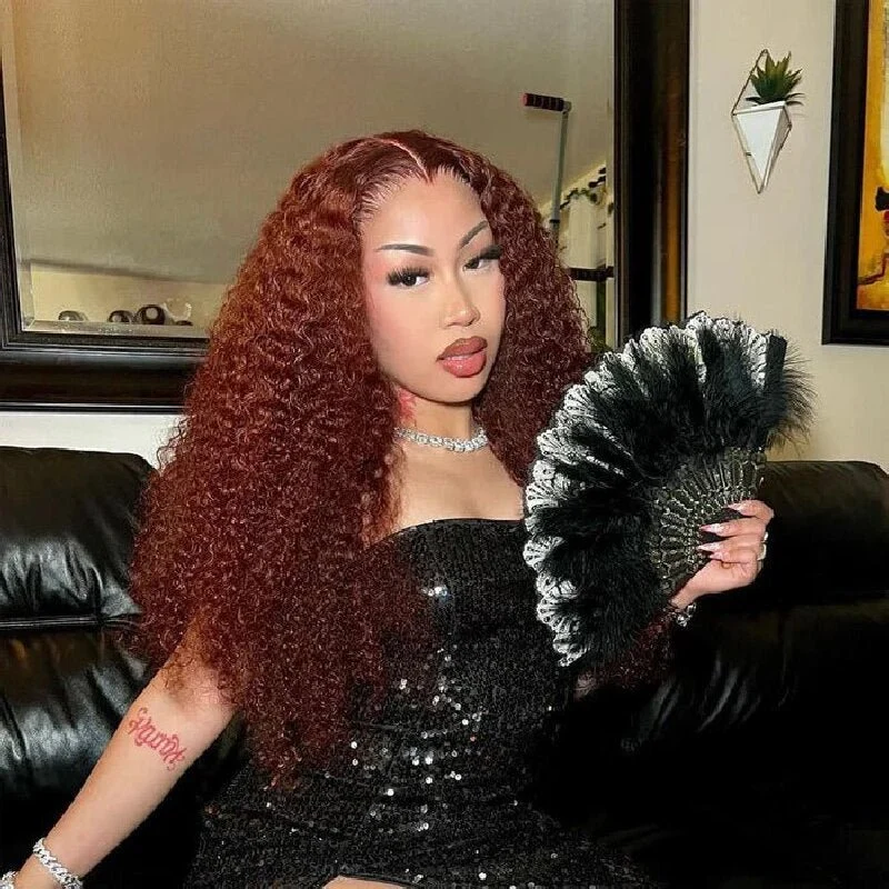 10″ – 40″ Reddish Brown Color Deep Curly Human Hair Lace Front Wig