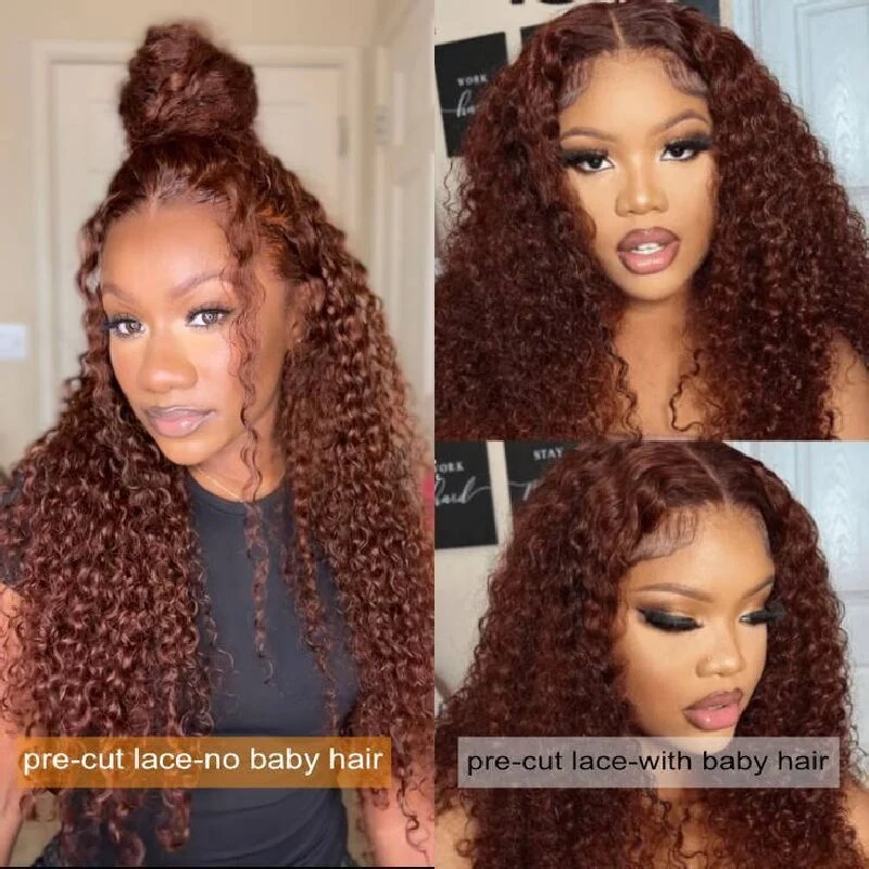 10″ – 40″ Reddish Brown Color Deep Curly Human Hair Lace Front Wig