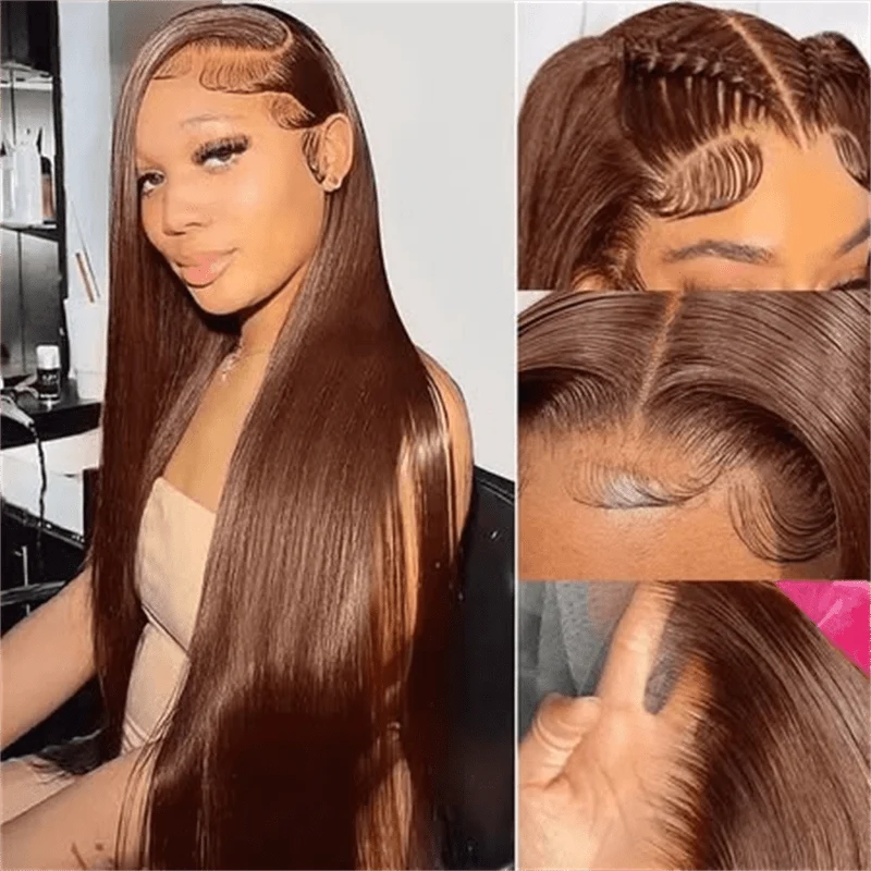 10″ – 40″ Chocolate Brown Color Straight Human Hair Lace Front Wig