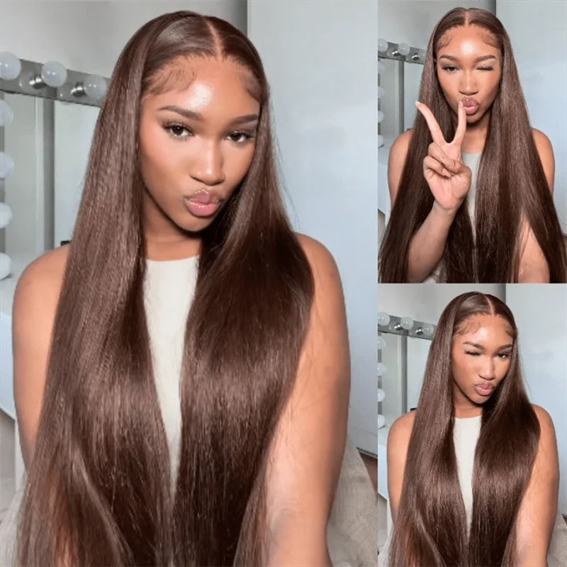 10″ – 40″ Chocolate Brown Color Straight Human Hair Lace Front Wig