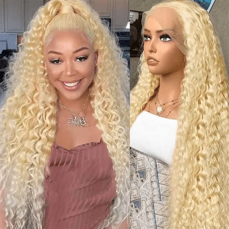 10″ – 40″ #613 Blonde Color Water Wave Human Hair Lace Front Wig