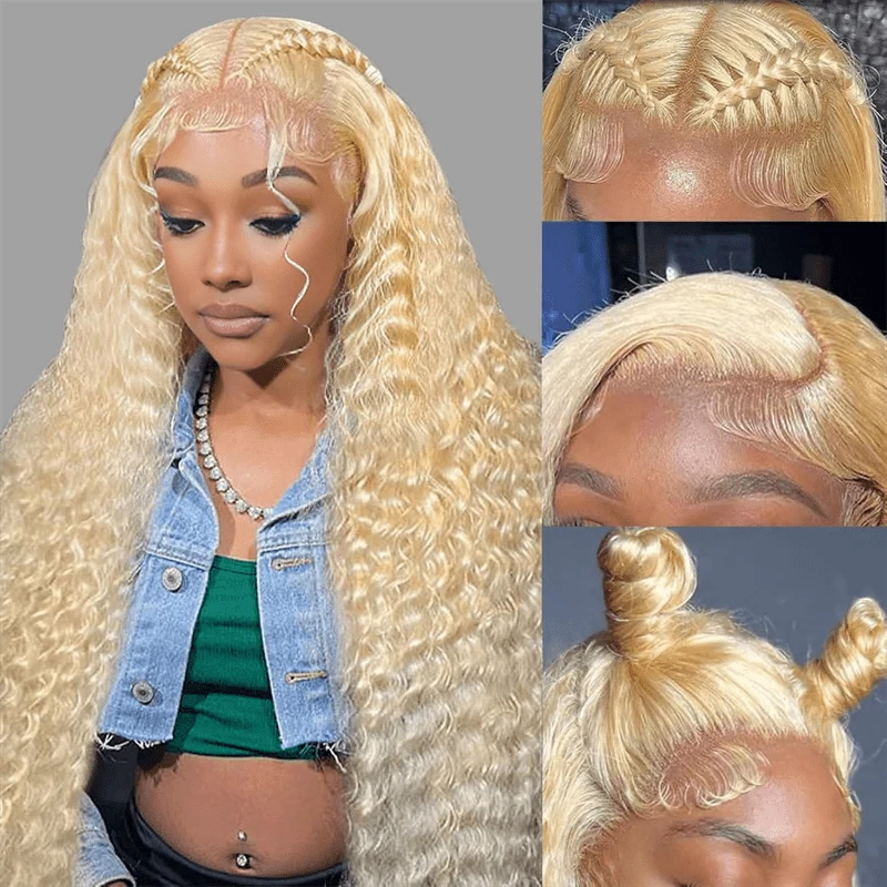 10″ – 40″ #613 Blonde Color Water Wave Human Hair Lace Front Wig