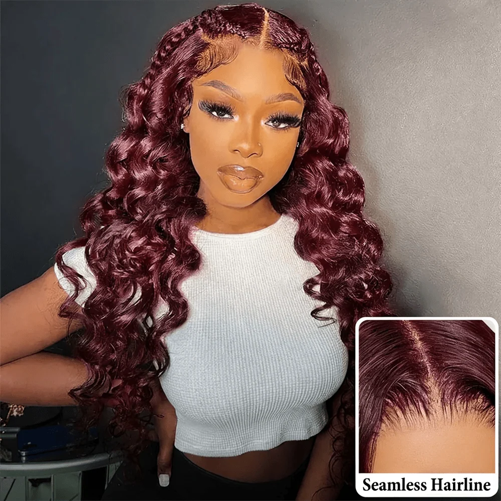 10″ – 40″ #99J & Burgundy Color Loose Wave Human Hair Lace Front Wig