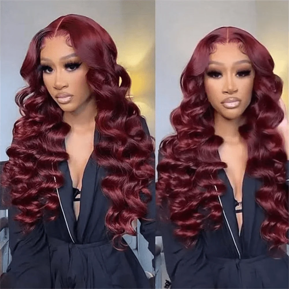 10″ – 40″ #99J & Burgundy Color Loose Wave Human Hair Lace Front Wig