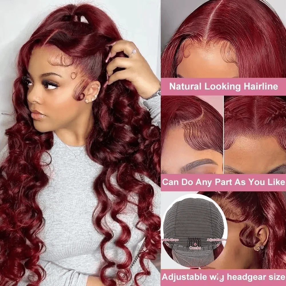 10″ – 40″ #99J & Burgundy Color Loose Wave Human Hair Lace Front Wig