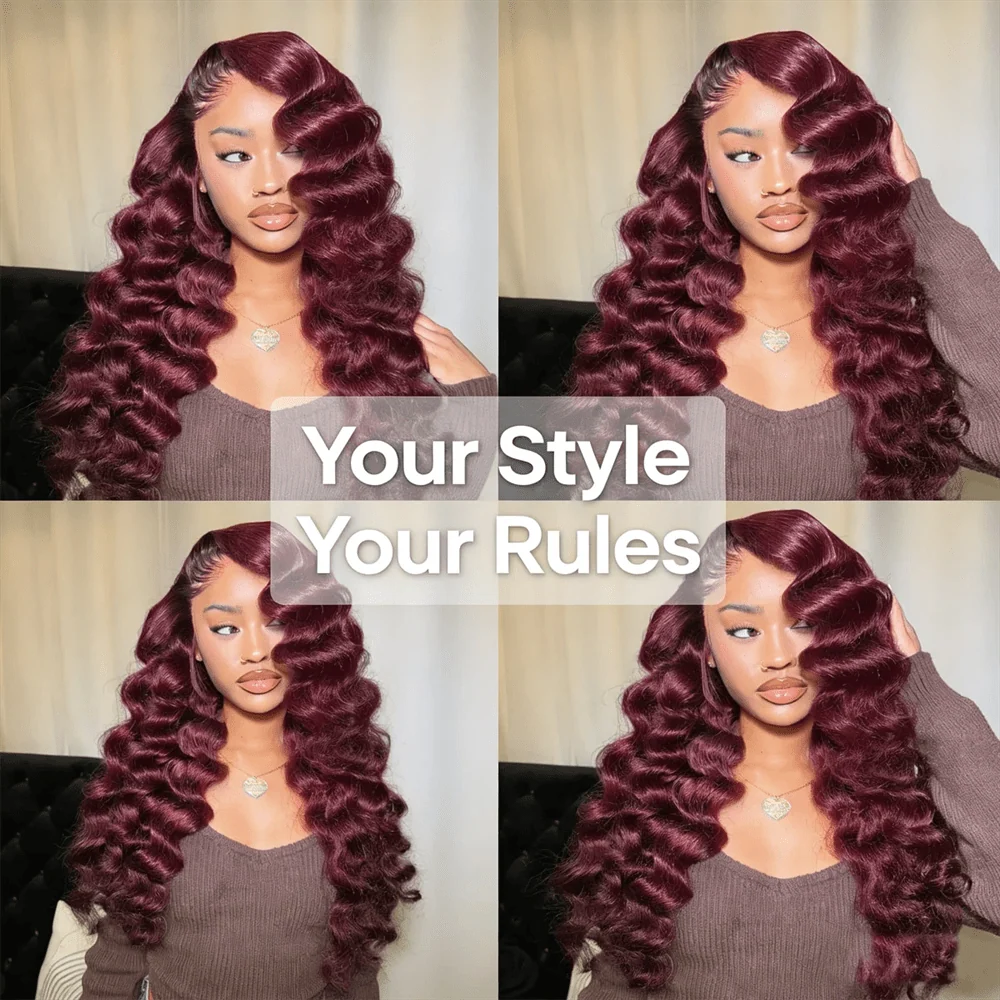 10″ – 40″ #99J & Burgundy Color Loose Wave Human Hair Lace Front Wig