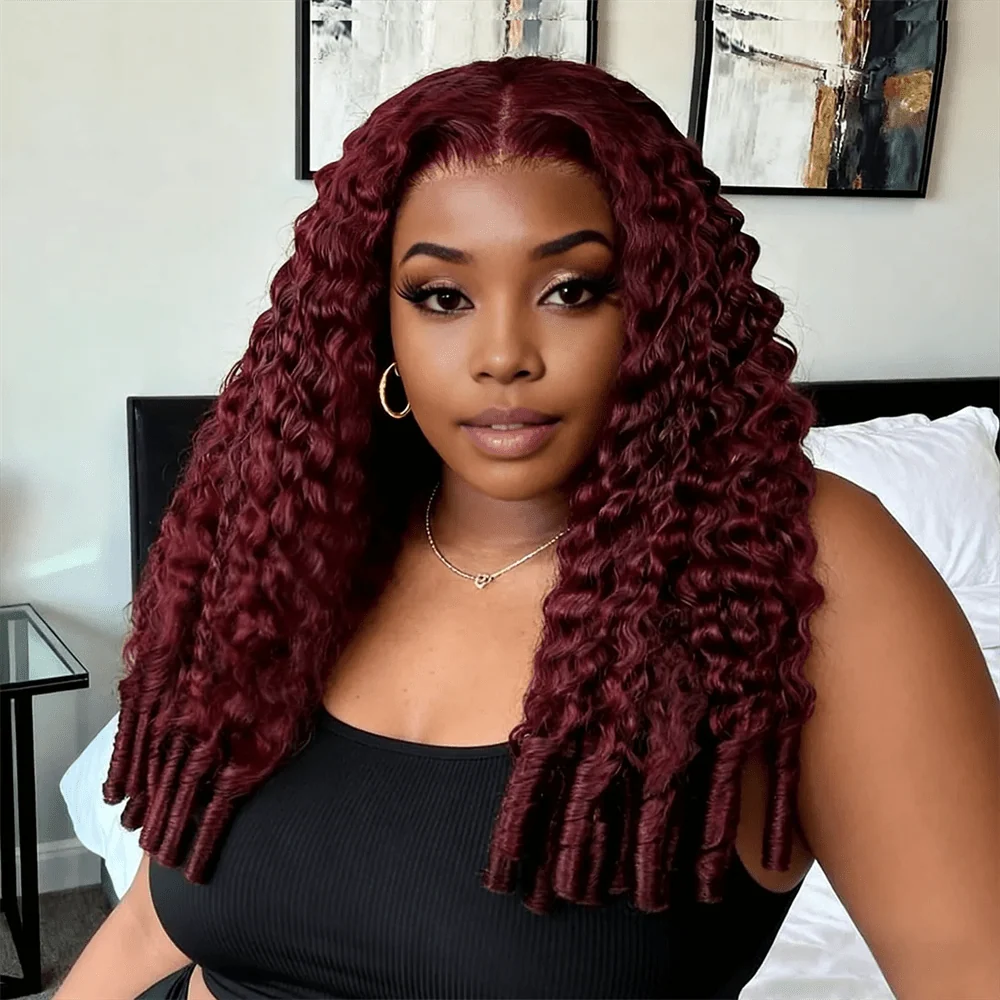 10″ – 40″ #99J & Burgundy Color Burmese Curly Human Hair Lace Front Wig