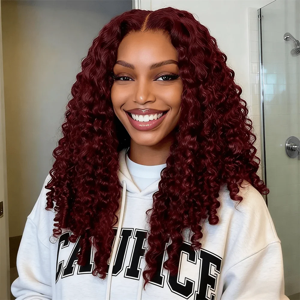 10″ – 40″ #99J & Burgundy Color Burmese Curly Human Hair Lace Front Wig