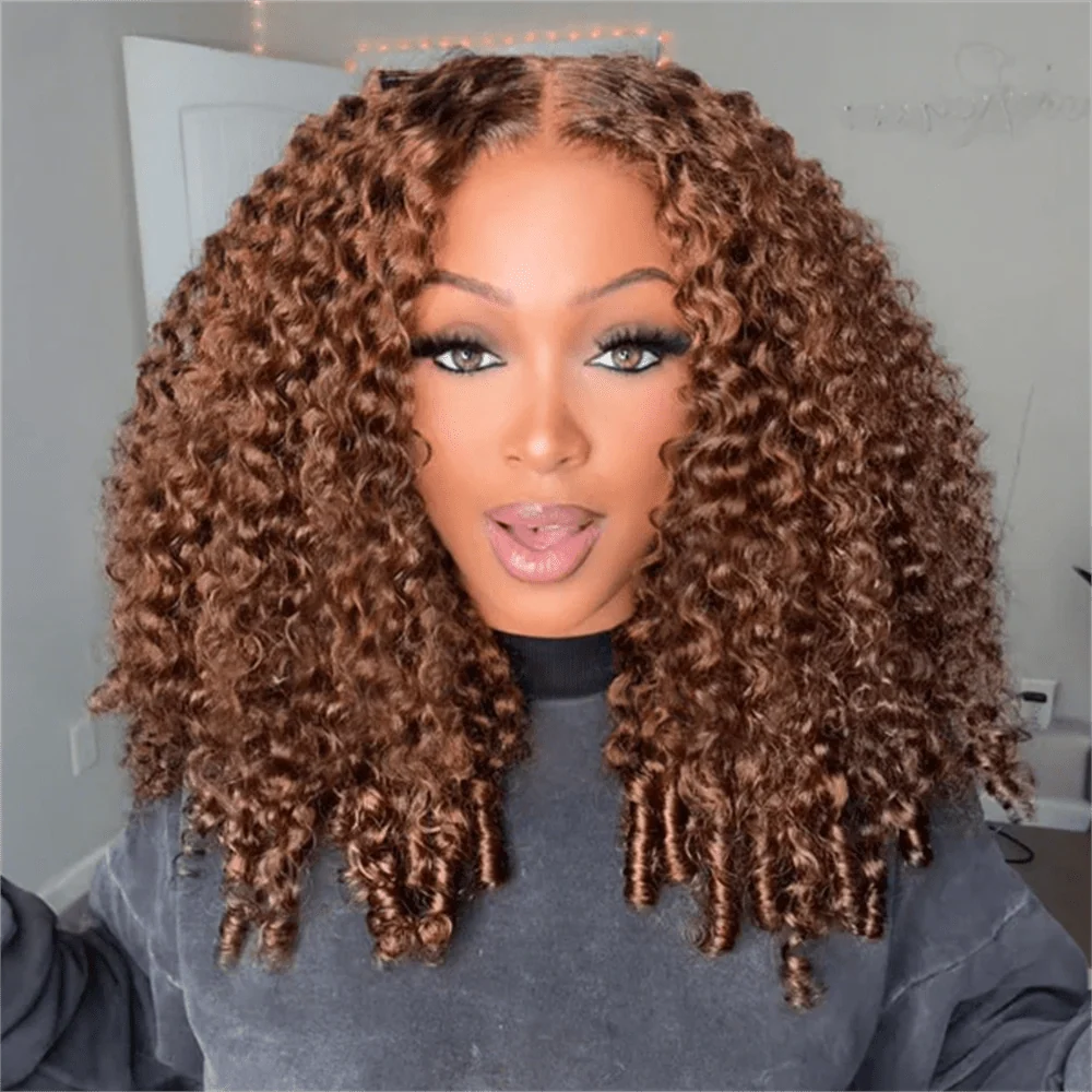 10″ – 40″ Chocolate Brown Burmese Curly Human Hair Lace Front Wig