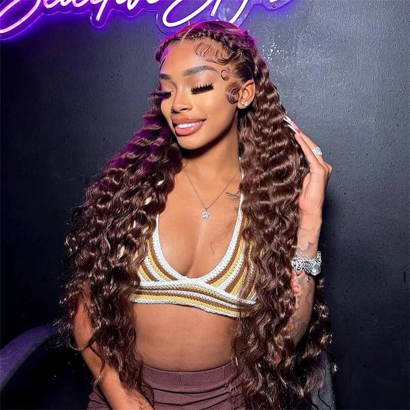 10″ – 40″ Dark Brown Color Loose Deep Wave Human Hair Lace Front Wig