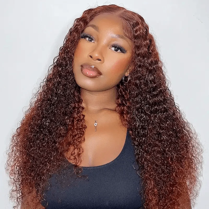 10″ – 40″ Reddish Brown Color Deep Curly Human Hair Lace Front Wig