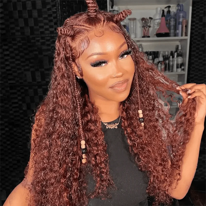 10″ – 40″ Reddish Brown Color Deep Curly Human Hair Lace Front Wig