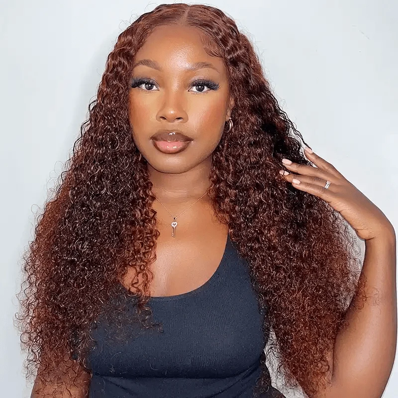 10″ – 40″ Reddish Brown Color Deep Curly Human Hair Lace Front Wig