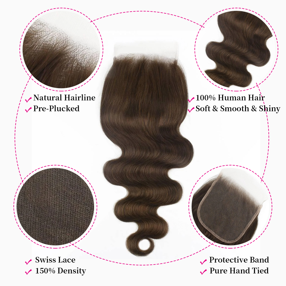 10″ – 20″ Medium Brown Color Body Wave Human Hair 5*5 Lace Closure