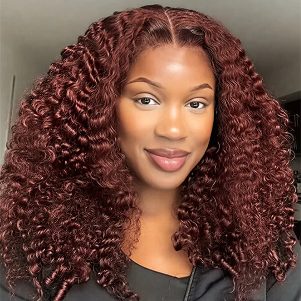 10″ – 40″ Reddish Brown Color Burmese Curly Human Hair Lace Front Wig