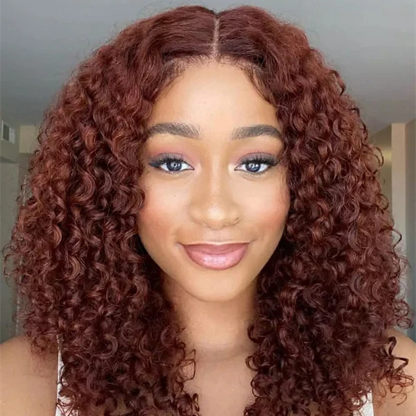 10″ – 40″ Reddish Brown Color Burmese Curly Human Hair Lace Front Wig