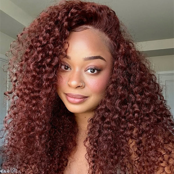 10″ – 40″ Reddish Brown Color Water Wave Human Hair Lace Front Wig