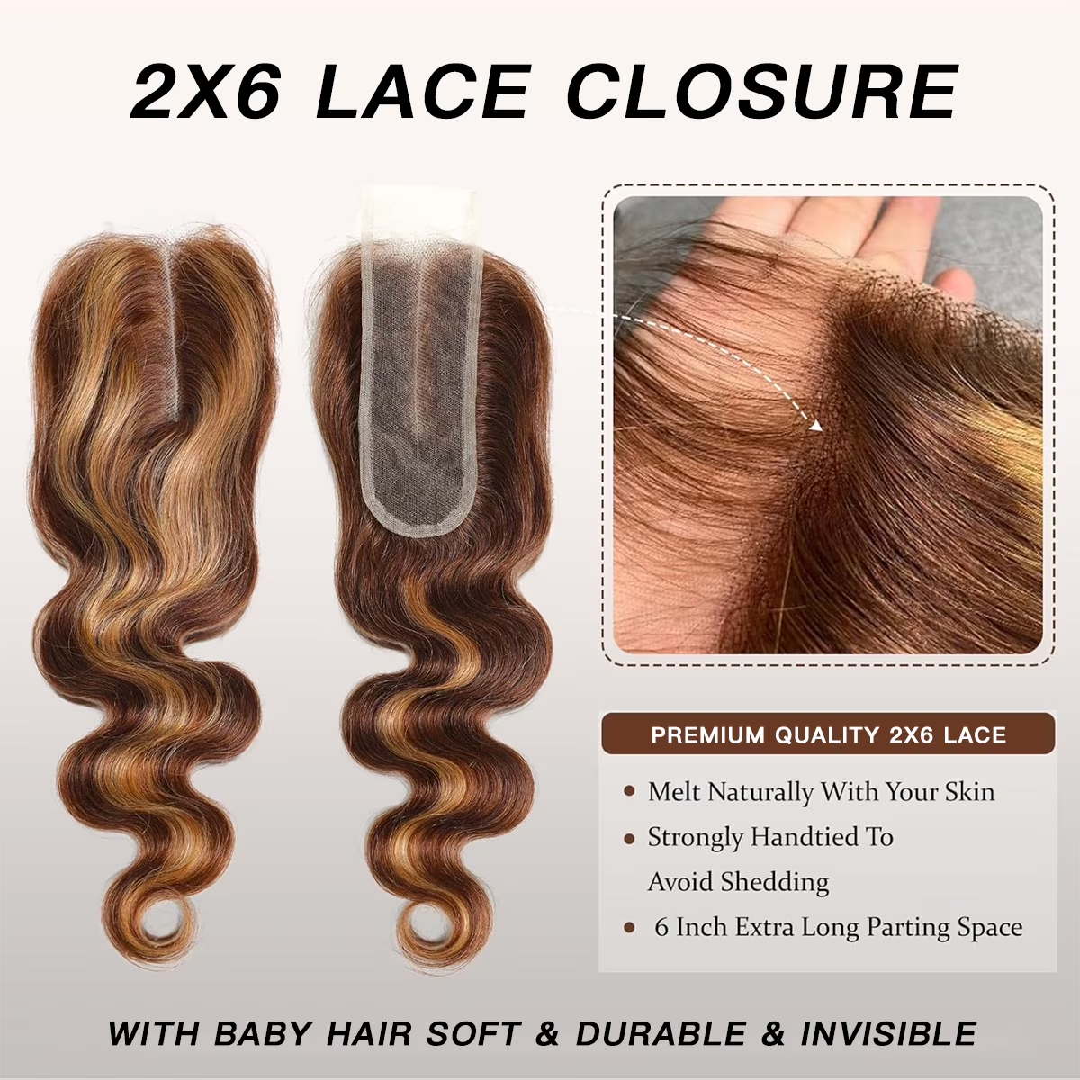 10″ – 20″ Highlight Color Body Wave Human Hair 2*6 Lace Closure